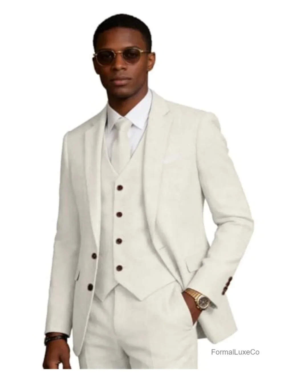3 Piece Slim Fit Linen Suit Set with Vest